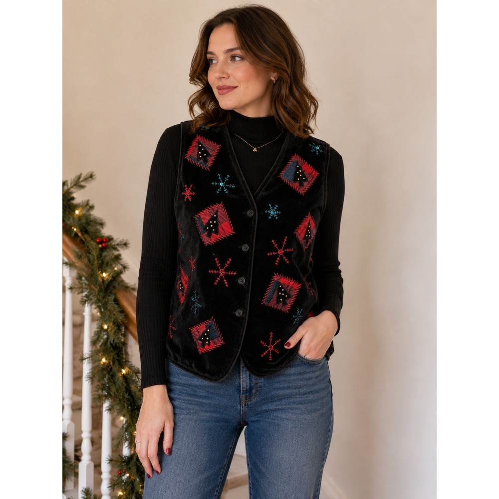 Talbots Holiday Vest S Black Velvet Embroidered Christmas Tree Plaid Vintage 90s